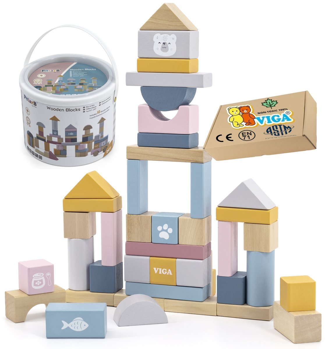 Drewniane Klocki dla dzieci w Kuferku Viga tradycyjne zwykłe Bryły 60 sztuk Viga