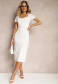 Sukienki - Biała Koktajlowa Sukienka o Dopasowanym Kroju z Dodatkiem Wiskozy i Rozporkiem Dastorea - miniaturka - grafika 1