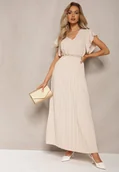 Sukienki - Beżowa Rozkloszowana Sukienka z Plisami Maxi z Falbankami przy Ramionach Nethula - miniaturka - grafika 1