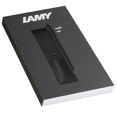 LAMY Zestaw składający się z 1 x pióro kulkowe Swift 330 ze stali nierdzewnej w kolorze czarnym i 1 x etui z prawdziwej skóry w kolorze czarnym na dwa przybory do pisania, w zestawie wkład do