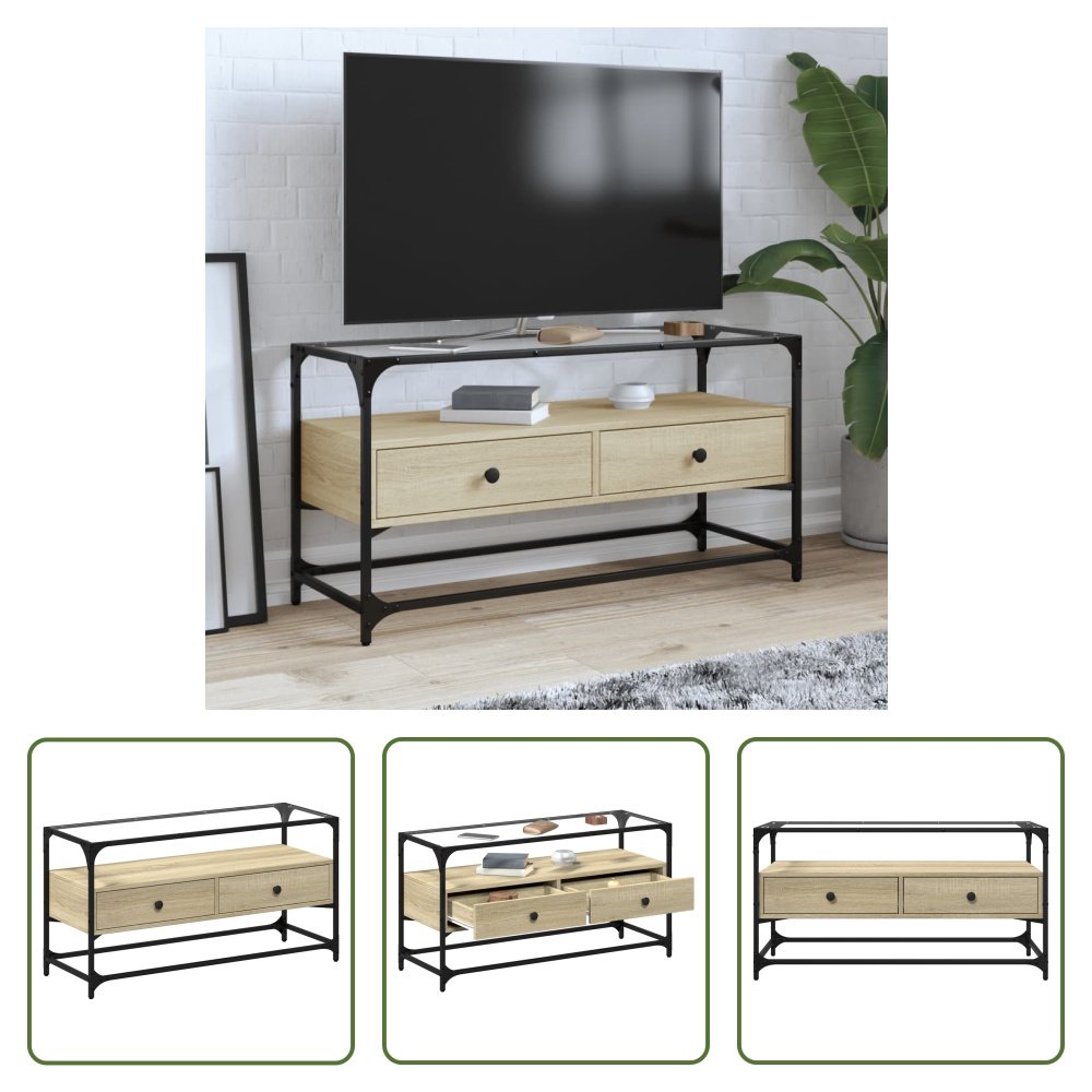 The Living Store Szafka RTV ze szklanym blatem dąb sonoma 98x35x51cm materiał drewnopochodny