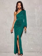 Sukienki - Sukienka brokatowa zielona na jedno ramię Amanda z rozcięciem na nodze - PERFE - miniaturka - grafika 1