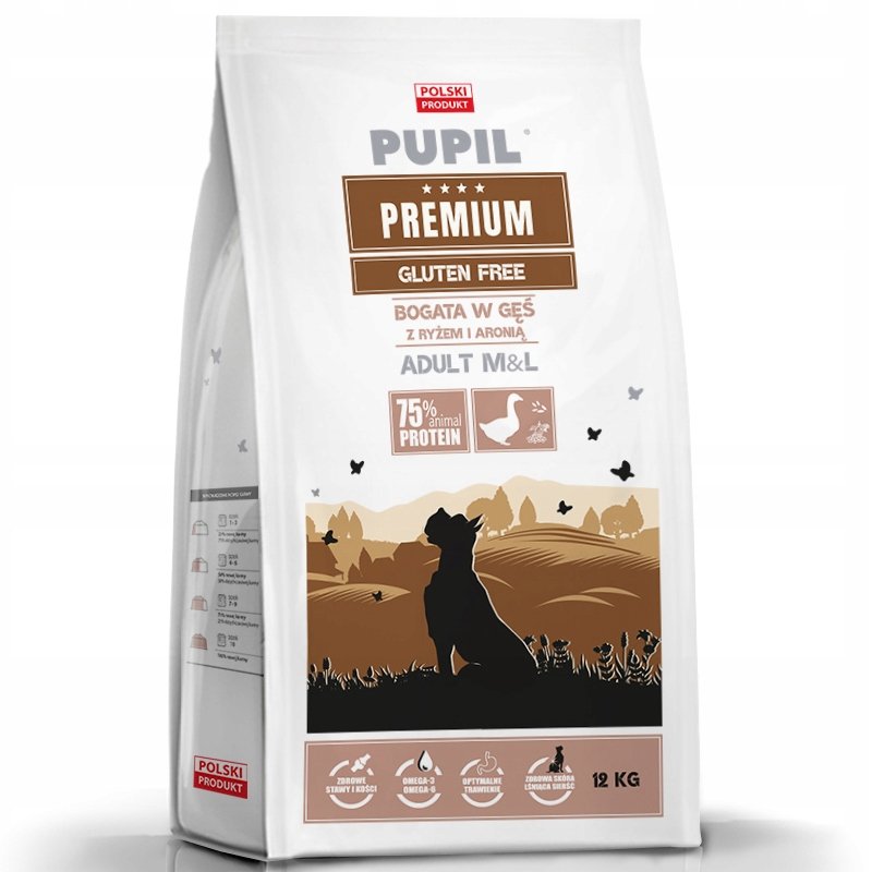 Karma sucha dla psa PUPIL FOODS Premium Gluten Free Medium&Large, bogata w gęś z ryżem i aronią, 12 kg