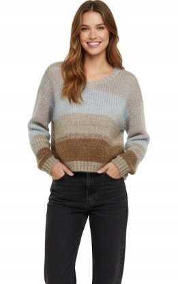 MISS SIXTY SWETER DAMSKI WEŁNIANY W PASKI Z DEKOLTEM V XS KWA