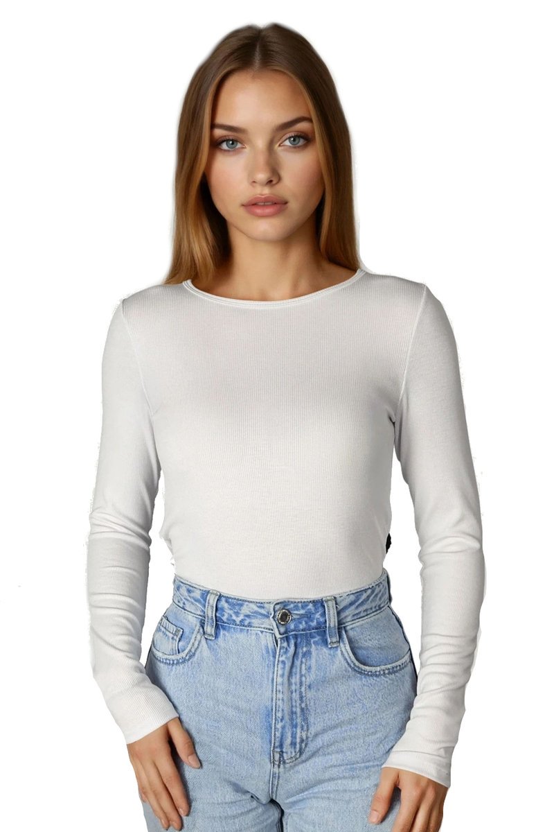 Prążkowana koszulka damska z wiskozy z długim rękawem Irma biała 3XL