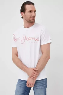 Koszulki męskie - Pepe Jeans t-shirt bawełniany ALERON kolor biały z nadrukiem - grafika 1