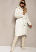 Kurtki damskie - Jasnobeżowa Długa Kurtka z Kapturem i Paskiem w Talii Zdobiona Pikowanymi Przeszyciami Nikilya - miniaturka - grafika 1