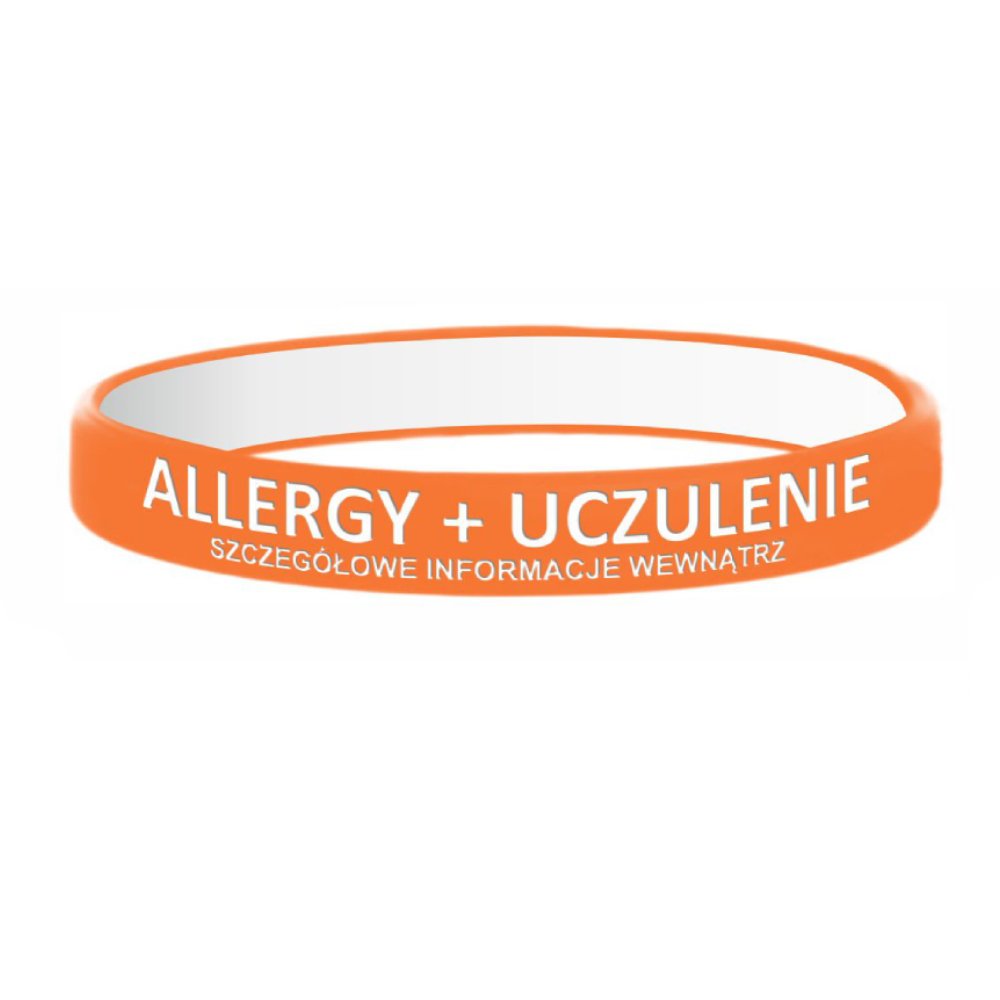 Opaska silikonowa na nadgarstek z miejscem na informacje - Allergy + uczulenie - pomarańczowa