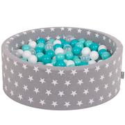 Suche baseny - KiddyMoon basen z piłkami 90 x 30 cm / 300 piłek  7 cm basen z kolorowymi piłkami dla niemowląt, okrągły, szare gwiazdy: jasnoturkusowy/biały/przezroczysty/turkusowy - miniaturka - grafika 1
