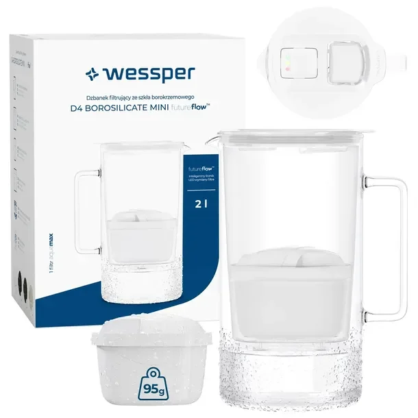 Szklany dzbanek filtrujący Wessper D4 BOROSILICATE MINI LED 2l + 2x filtr