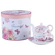 Herbata - London Boutique Herbata dla jednego czajniczek filiżanka suacer zestaw vintage flora róża lawenda porcelanowe pudełko prezentowe (motyl róża) - miniaturka - grafika 1