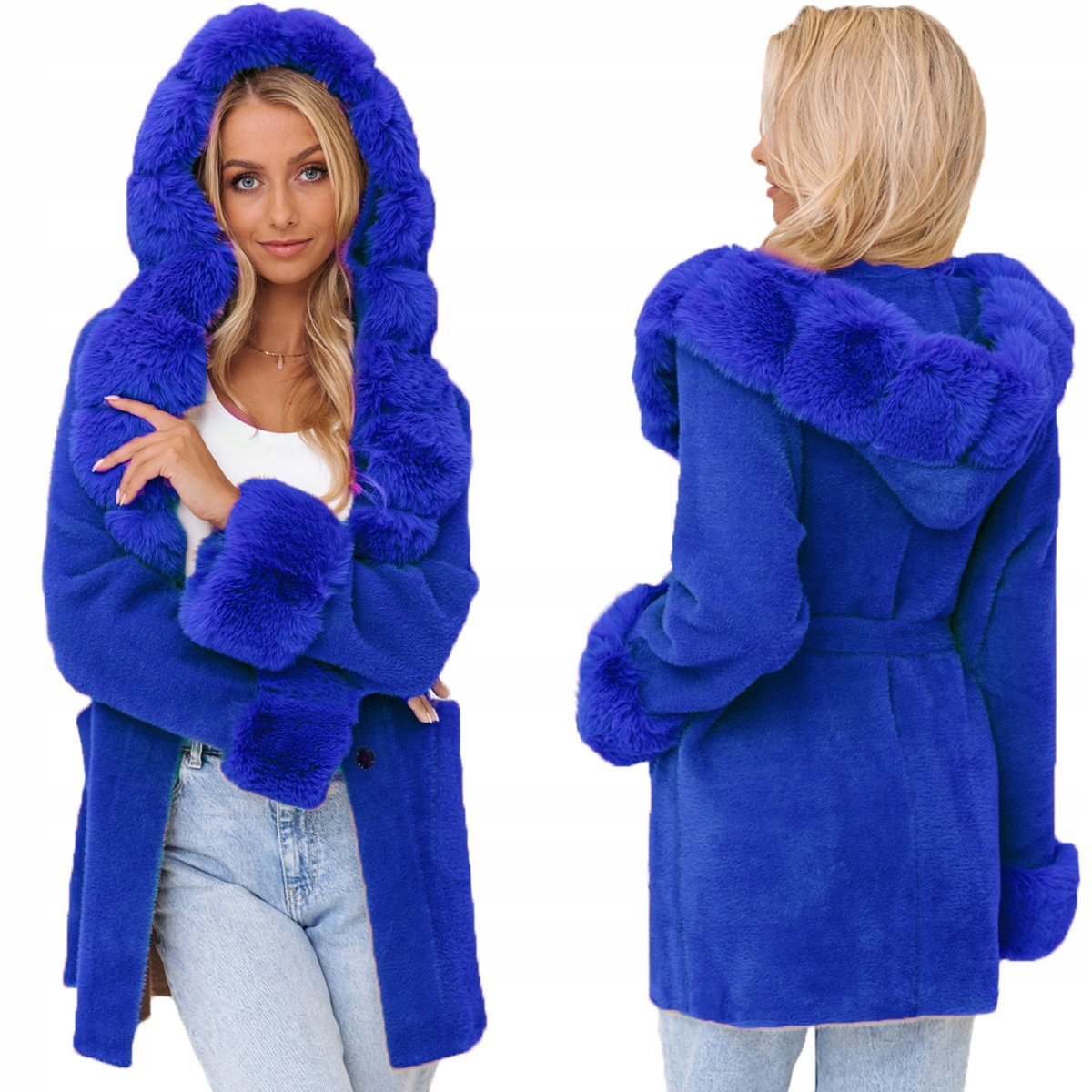 MIĘCIUTKA ALPAKA Z FUTERKIEM PŁASZCZ Z PASKIEM chabrowy