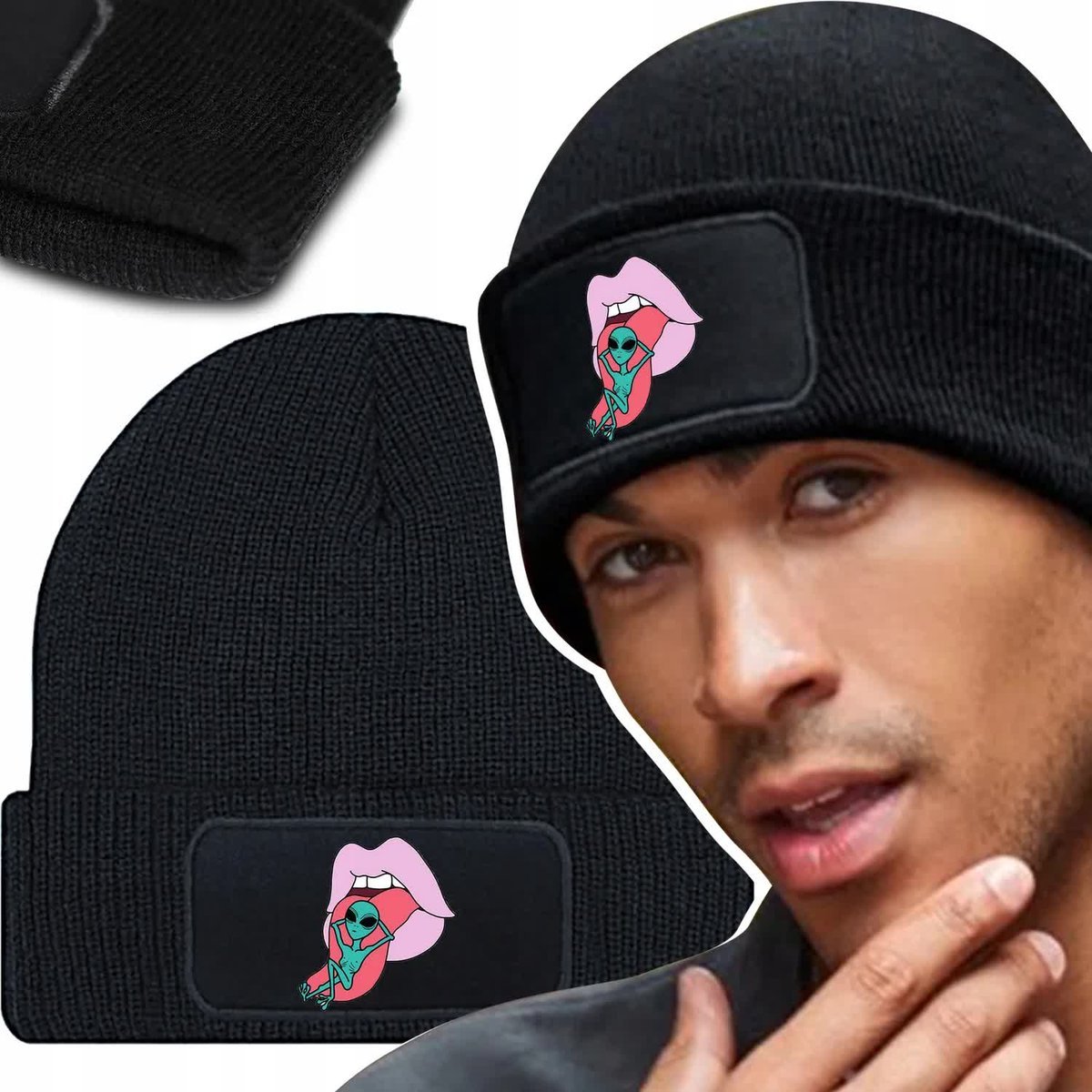 Ciepła Czapka Zimowa Czarna UFO ALIEN Modne Wzory