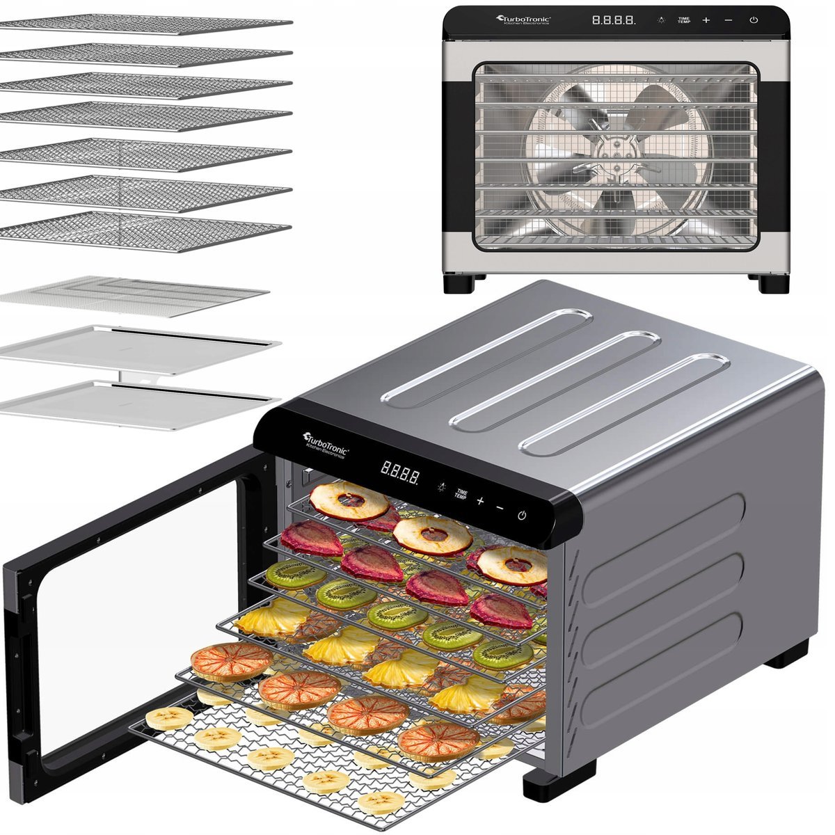 Suszarka spożywcza Pro TurboTronic do grzybów dehydrator temp. 35°c-75°c 7 poziomów timer nierdzewka 675W Srebrna