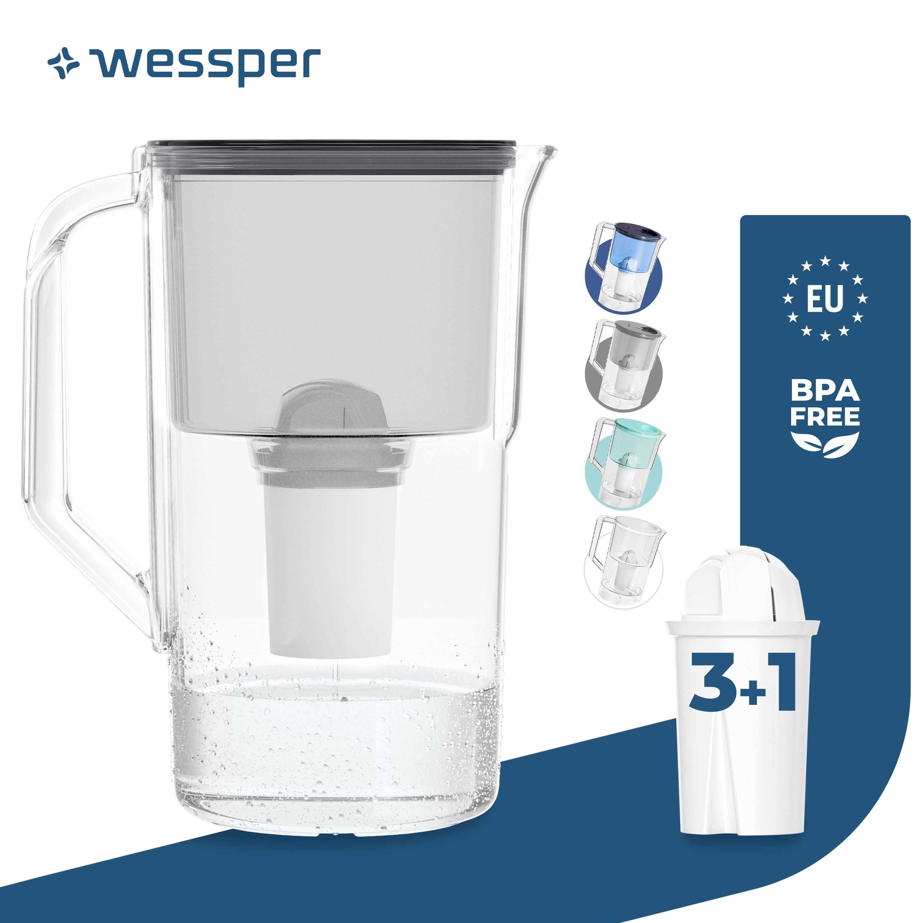 Wessper dzbanek filtrujący do wody 2,8 l kompatybilny z Brita Classic, system filtrujący do redukcji kamienia, chloru + 4x filtr do wody czarny