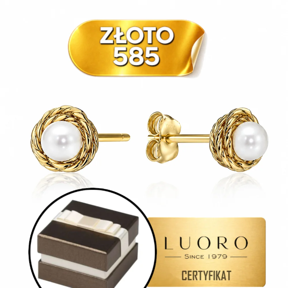 KOLCZYKI ZŁOTE 585 14K Z PERŁĄ NATURALNĄ PLECIONA OPRAWA SZTYFT 8,2 CM