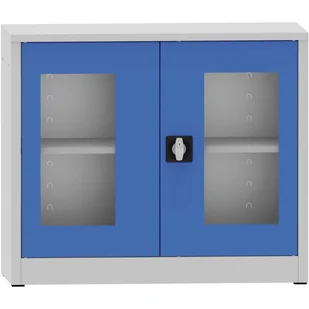 B2B Partner Szafa spawana z półkami ze szklanymi drzwiami, 800 x 950 x 400 mm, szara/niebieska 178595 - Szafy biurowe - miniaturka - grafika 1