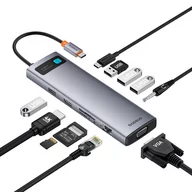 Adaptery i przejściówki - 11w1 HUB adapter USB-C do USB-C PD 4x USB HDMI VGA AUX RJ45 SD TF szary - miniaturka - grafika 1
