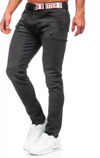 Spodnie męskie - Czarne spodnie jeansowe męskie skinny fit z paskiem Denley R61117W1 - grafika 1