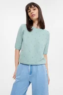 Swetry damskie - Miętowy biżuteryjny sweter z krótkimi rękawami - Greenpoint - miniaturka - grafika 1