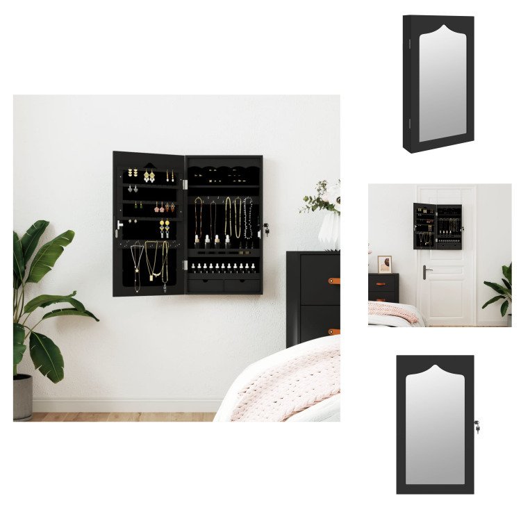 vidaXL Szafka na biżuterię z lustrem do montażu na ścianie czarna 37,5x10x67 cm - Lustro