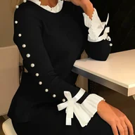 Swetry damskie - TEMU Elegancki czarny sweter damska z białym falbankowym kołnierzykiem i mankietami - bluzka z długim rękawem i okrągłym dekoltem, ozdobiona perłami, - miniaturka - grafika 1