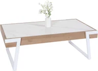 Ławy i stoliki kawowe - Stolik kawowy HWC-L89, stolik rozkładany do salonu, żelazny 43x120x64cm spiekany kamień o wyglądzie marmuru białe naturalne drewno - miniaturka - grafika 1