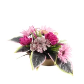 Sztuczne kwiaty - Stroik w misie hortensja róża cynia 54 x 37 cm różowy - miniaturka - grafika 1