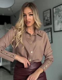 Elegancka Koszula Damska Złote Guziki Polska Produkcja Do biura Mokka XL - Koszule damskie Elegancka Koszula Damska Złote Guziki Polska Produkcja Do biura Mokka XL - Koszule damskie - miniaturka - grafika 1