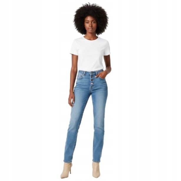 Guess Niebieskie Jeansy Rurki Wysoki Stan Z Guzikami 31/29 Gna