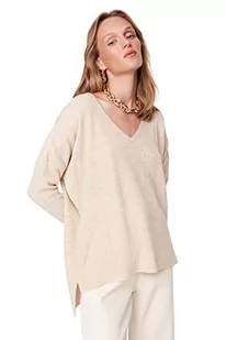 Trendyol Damska bluza oversize basic z dekoltem w serek, BEŻOWY, M - Bluzy damskie - miniaturka - grafika 1