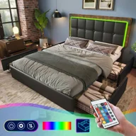 Łóżka - Łóżko tapicerowane Flieks 160x200cm z 4 szufladami, podwójne łóżko młodzieżowe z LED, łóżko do przechowywania łóżko drewniane funkcjonalne łóżko ze stelażem listwowym, PU, czarne - miniaturka - grafika 1