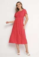 Sukienki - Czerwona Sukienka z Bawełny o Rozkloszowanym Kroju w Kropeczki Lisadrisa - miniaturka - grafika 1