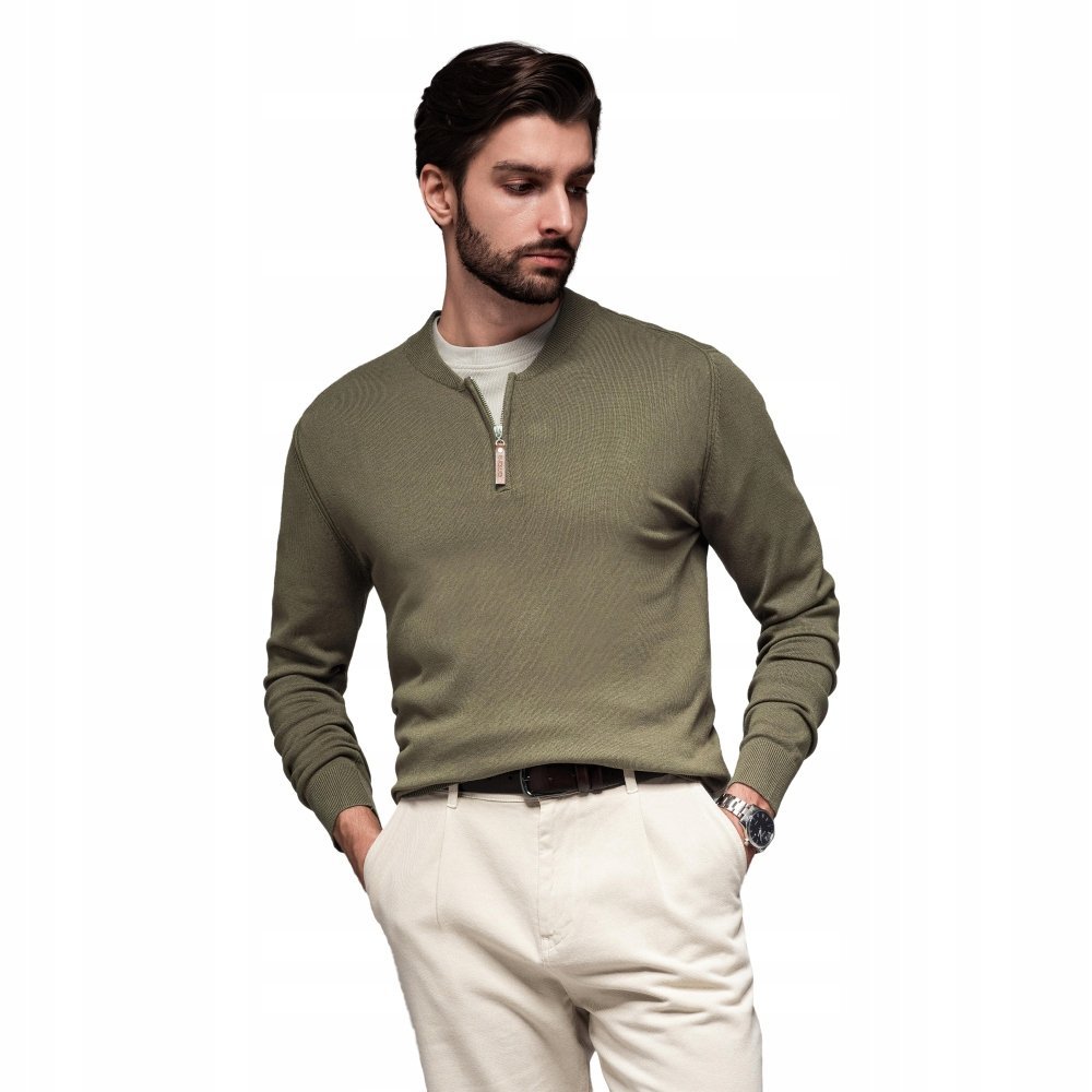 Sweter męski z wiskozą i rozpinanym dekoltem oliwkowy OM-SWZS-0124 V1 r XL