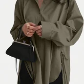 Koszule damskie - TEMU Bluzka Damska Casual z Wiązaniem na Przód i Rozcięciem - Luźny Krój, Długi Rękaw, Jednokolorowa Koszula z Guzikami, Nieprześwitująca Tkanina do - miniaturka - grafika 1