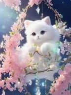 Zabawki kreatywne - Diamentowa Mozaika Kotek Biały Na Gałęzi W Różowych Kwiatach 30x40 - miniaturka - grafika 1