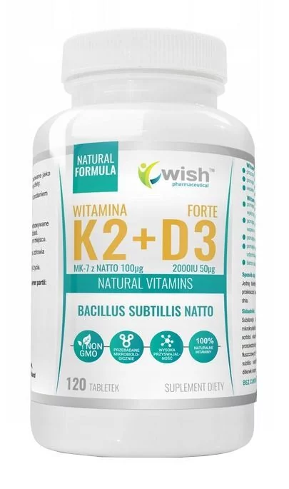 Wish Witamina K2, MK-7 100mcg + D3 2000IU 50mcg, 120 tabletek