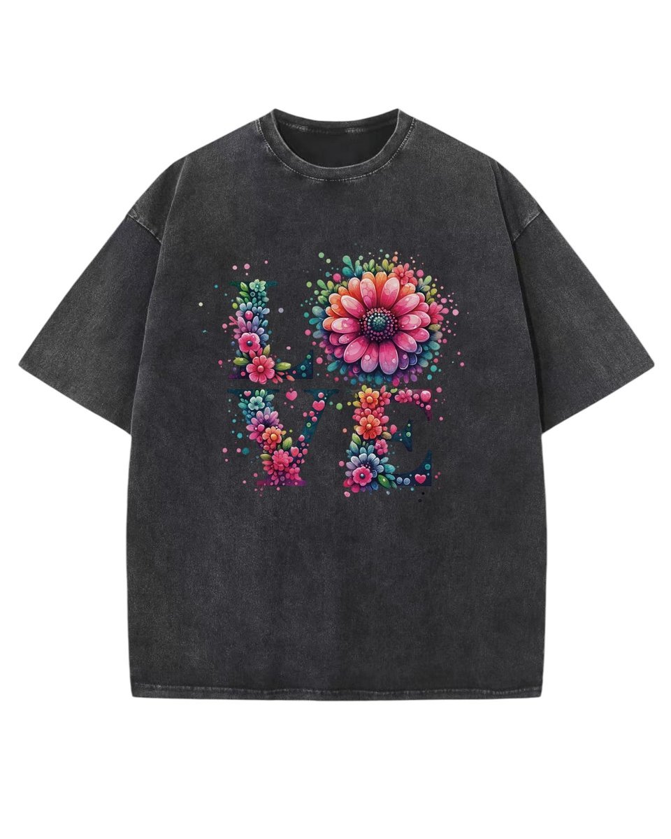 Męska koszulka oversize efekt sprania Miłość Love Kwiaty Czarna L