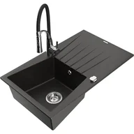 Zlewozmywaki z baterią - Mexen Cesar zlewozmywak granitowy 1-komorowy z ociekaczem i baterią kuchenną Aster, czarny/złoty metalik - miniaturka - grafika 1