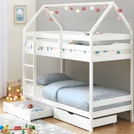 Łóżka dla dzieci i młodzieży - Łóżko piętrowe domek 2 x 90 x 190 cm – 2 szuflady – Drewno sosnowe – Białe + materac – CHORI - miniaturka - grafika 1