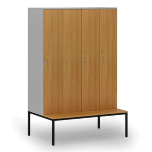 Drewniana szafa ubraniowa z ławką, 4-drzwiowa, 1871 x 1200 x 500/800 mm, zamek cylindryczny, szary/buk - Szafy biurowe - miniaturka - grafika 1