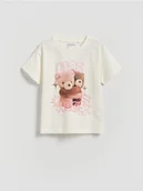 Koszulki dla dziewczynek - Reserved - Bawełniany t-shirt z nadrukiem - złamana biel - miniaturka - grafika 1