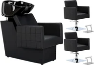 Meble fryzjerskie - Tom Black Zestaw myjnia fryzjerska i 2 x fotel fryzjerski hydrauliczny obrotowy podnóżek do salonu fryzjerskiego myjka ruchoma misa ceramiczna armatura bateria słuchawka - miniaturka - grafika 1