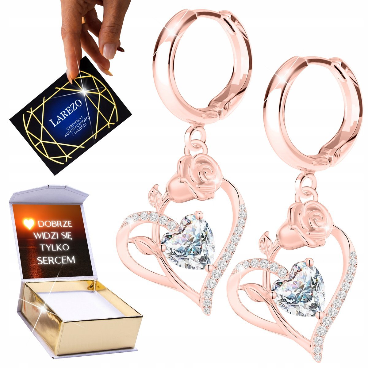 Kolczyki Pozłacane 18K Białe Kryształowe Serca Róże Serduszko z Różą NADRUK