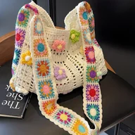 Torebki damskie - TEMU Boho torebka z kwiatami i koronką - Torebka na ramię o dużej pojemności z otwartą górną częścią i żywym wzorem kwiatowym, biała torebka na plażę - miniaturka - grafika 1