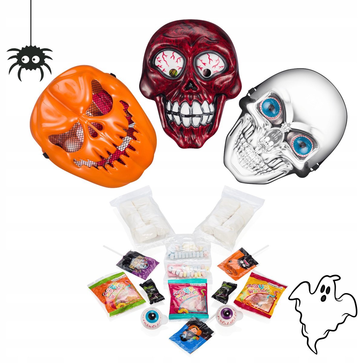 Cukierki Halloween żelki lizaki marshmallows + maska 11 produktów 175g