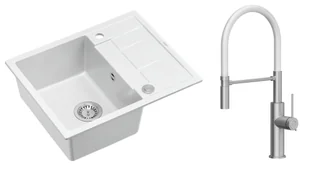 Quadron Unique Zlewozmywak granitowy jednokomorowy 62*50*22 cm z ociekaczem MORGAN 116 SNOW WHITE z syfonem Push-2-Open w kolorze stalowym z baterią GEMMA Q LINE SLIM z ruchomą wylewką kolor stal szczotkowana/biały wąż - Zlewozmywaki z baterią - miniaturka - grafika 1