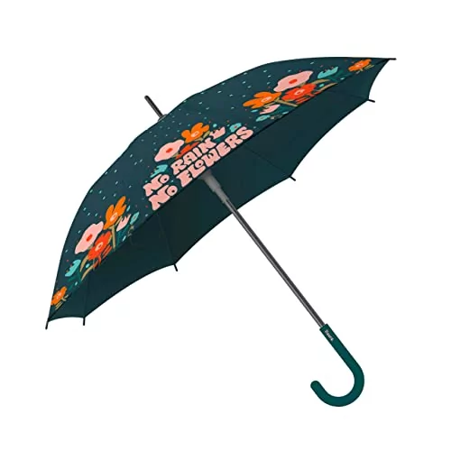 Fisura - Duży parasol "no rain no flowers". Parasolka młodzieżowa z kwiatami. Automatyczny parasol z przyciskiem. Solidny parasol z nadrukiem. 106 centymetrów średnicy.