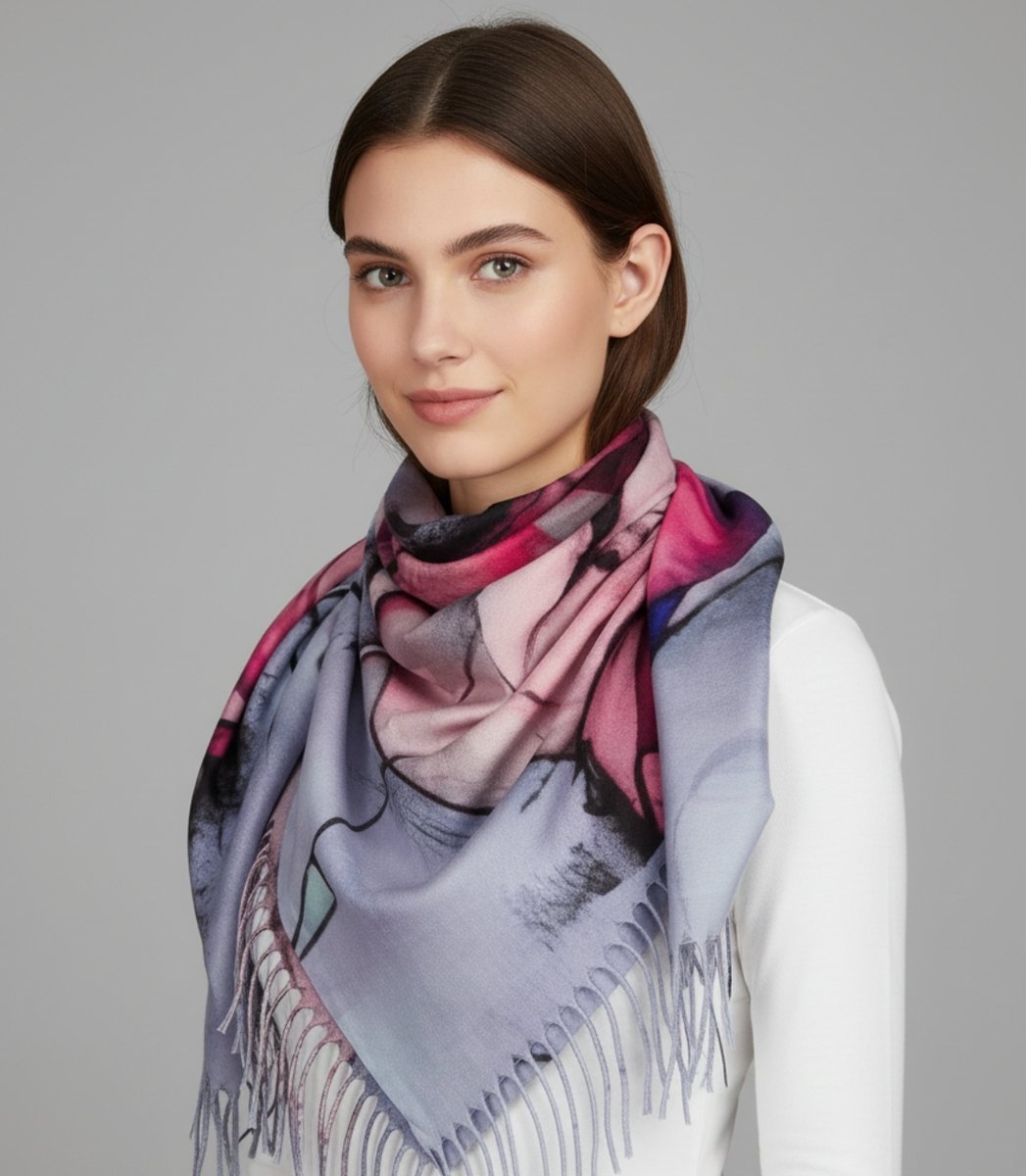 Chusta szal szalik abstrakcyjna wielokolorowa elegancka z frędzlami