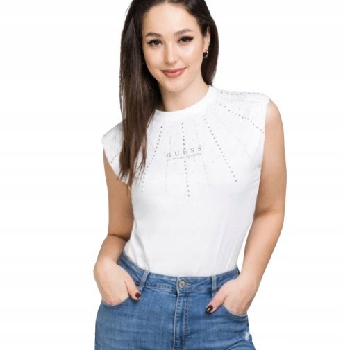 GUESS BIAŁE BODY Z KRÓTKIM RĘKAWEM I ĆWIEKAMI BAWEŁNA S GXA